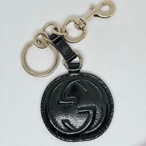 Gucci Interlocking GG Black Patent Leather Round Keychain Bag Charm